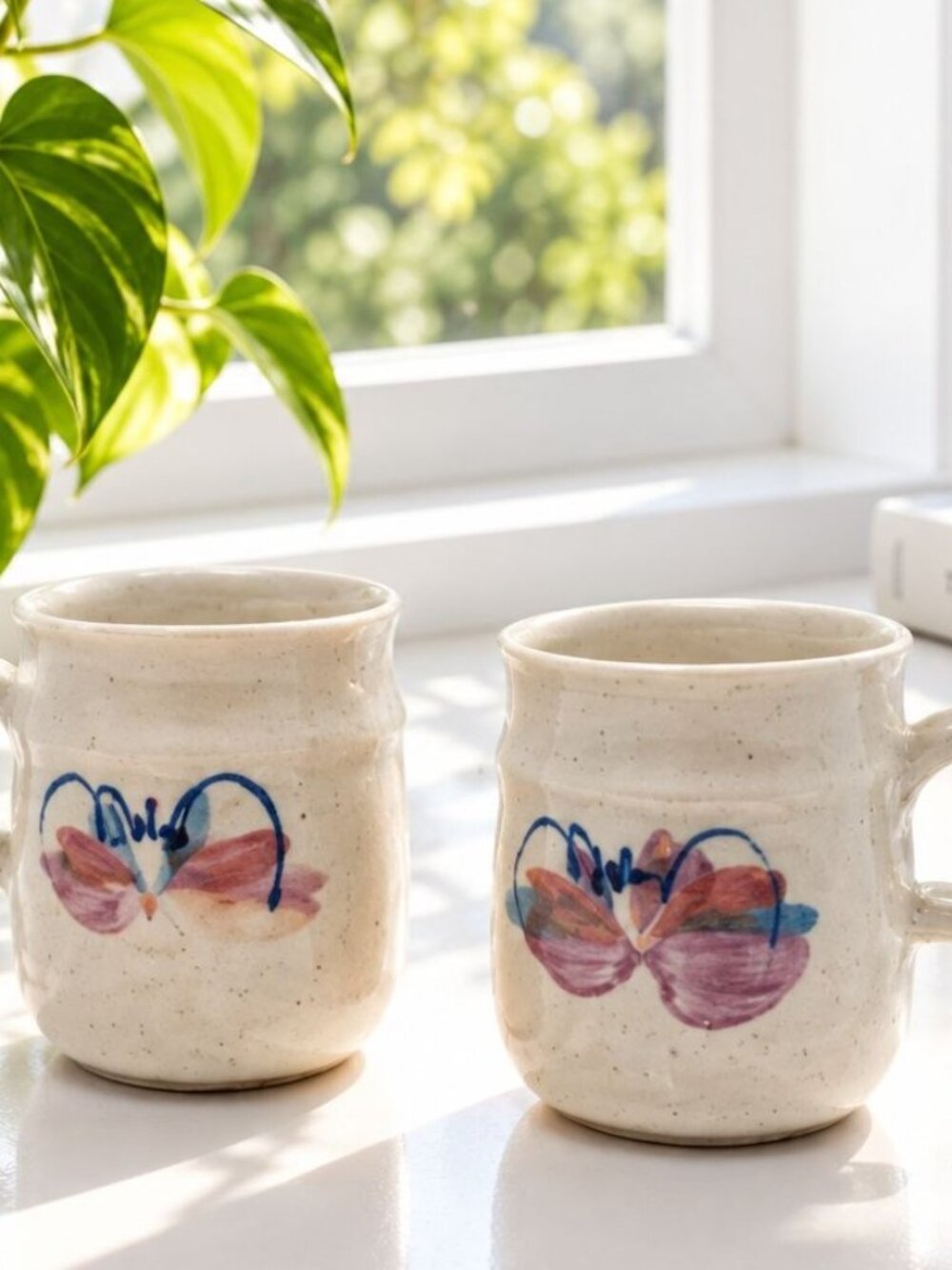 Handmade Ceramic Mugs With Butterfly Motif Set of 2 Signed Artisan Pottery 12oz